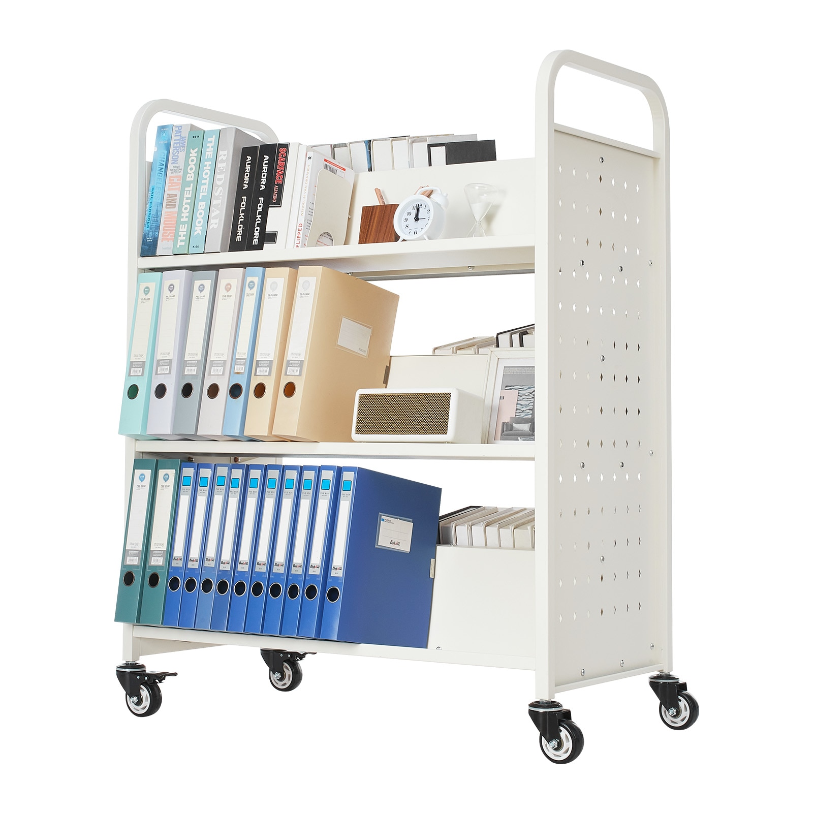 3-tier Rolling Book Cart Double Sided W-shaped Shelving Unit White_voghion.com